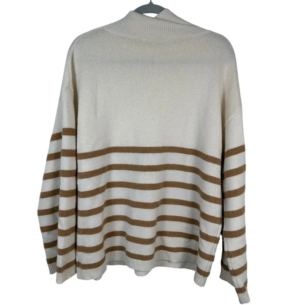 Frame Striped 100% Cashmere Sweater Size Small Oversized Mock Neck EUC Tan Cream